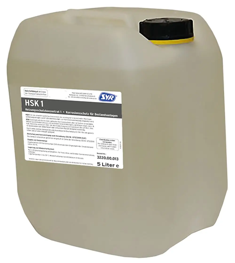 Transparenter Kunststoffkanister mit schwarzer Schraubkappe und gelbem Verschlussring. Auf dem Etikett stehen Produktinformationen von Syr. Inhalt: 5 Liter.